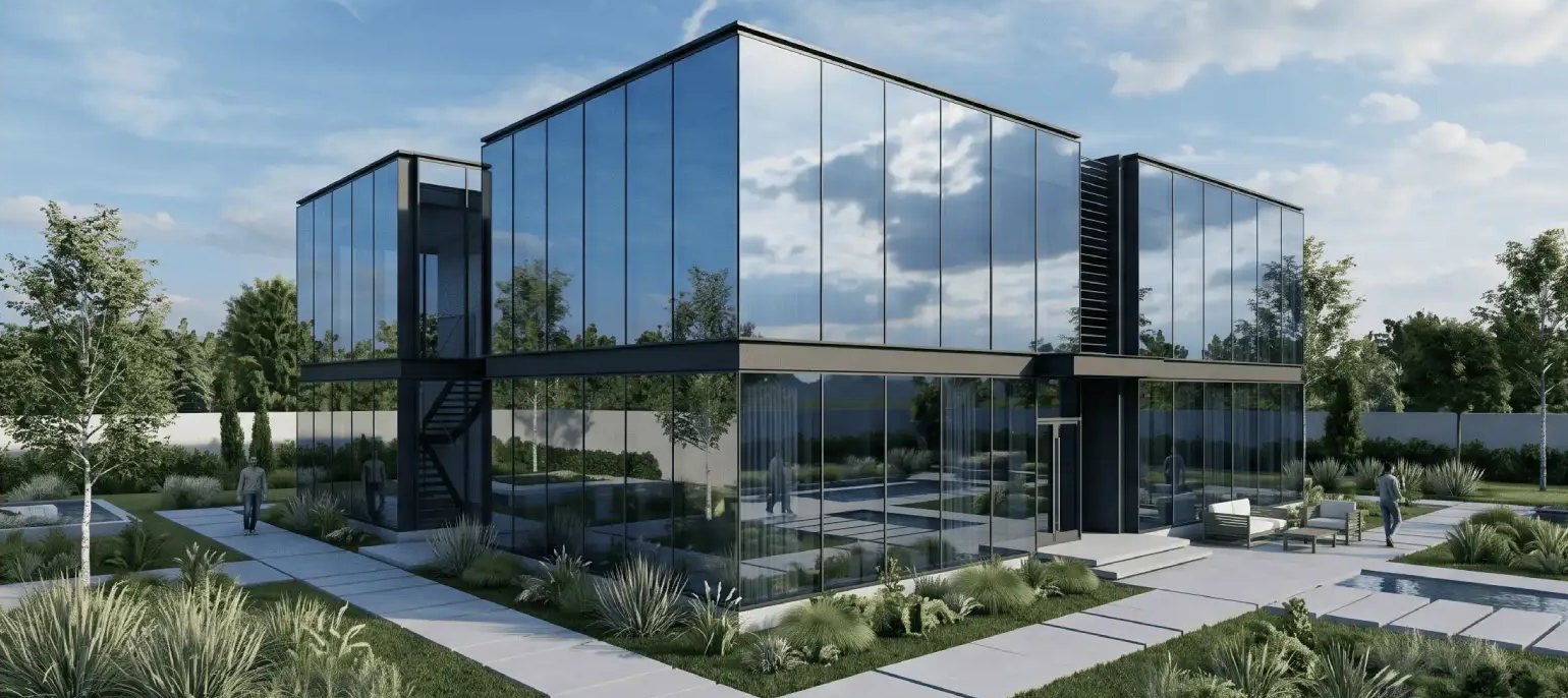 Render de un edificio contemporáneo de vidrio en su entorno