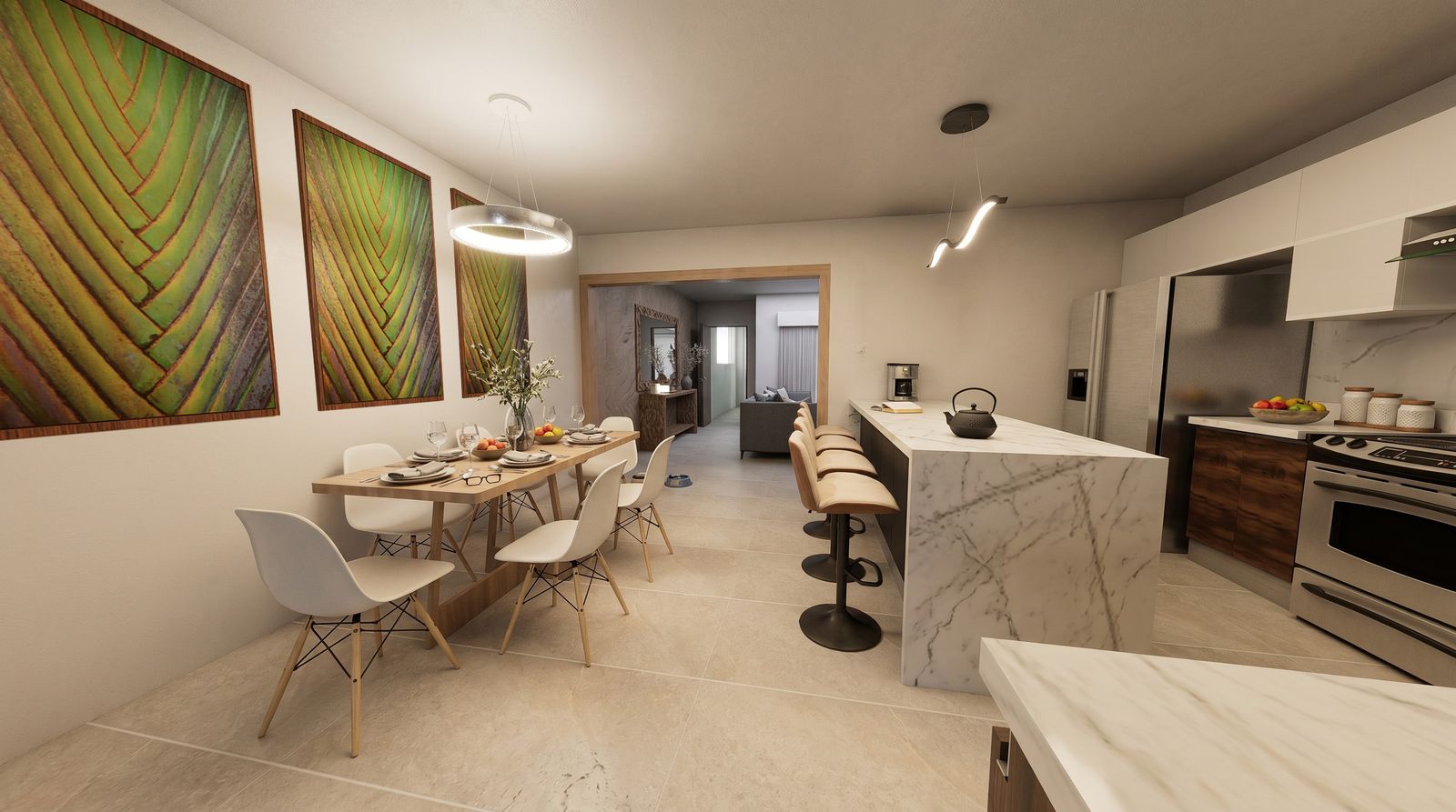 Render 3D de una cocina con isla de mármol y comedor