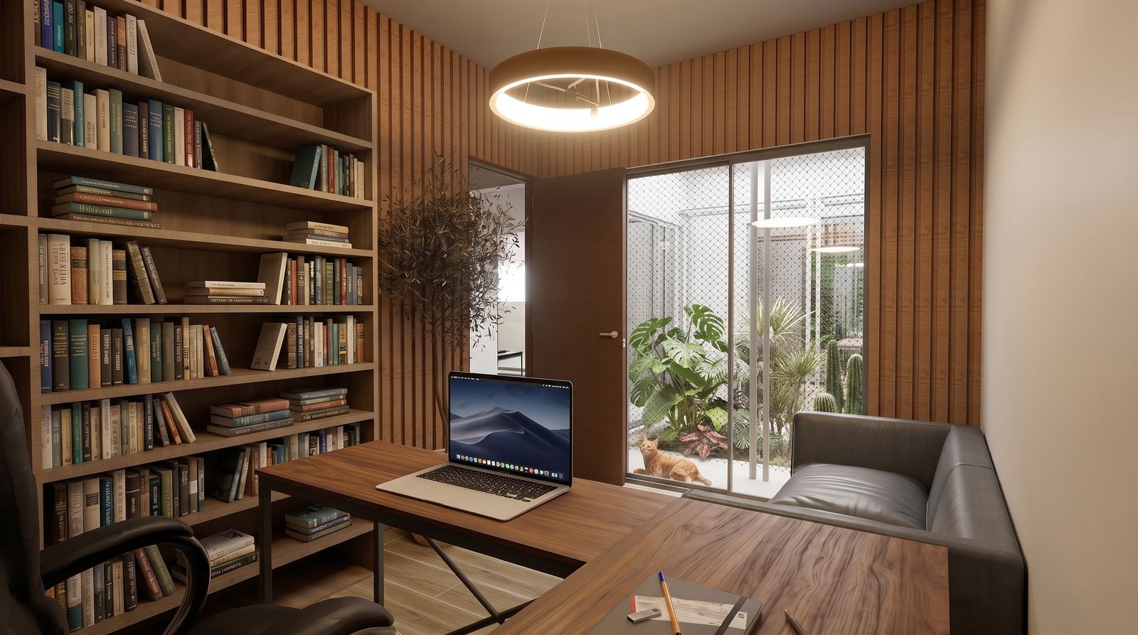 Oficina con biblioteca de madera y escritorio