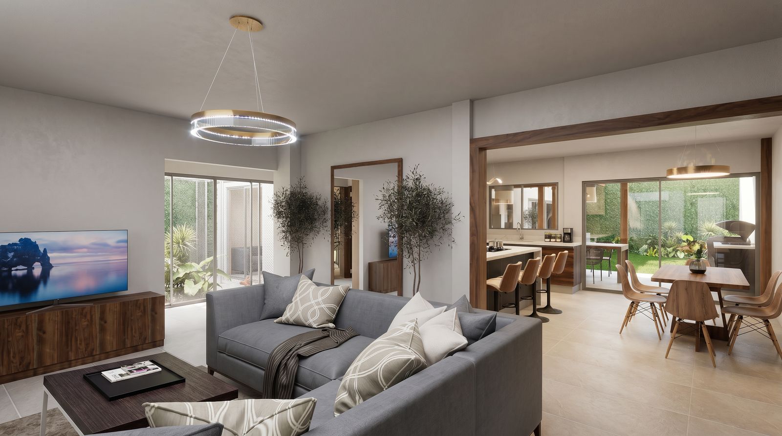 Render 3D de una sala con sofá gris, lámpara circular y vista al comedor